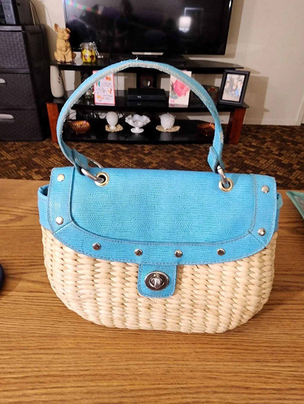 Woven Straw Tote with Blue Trim